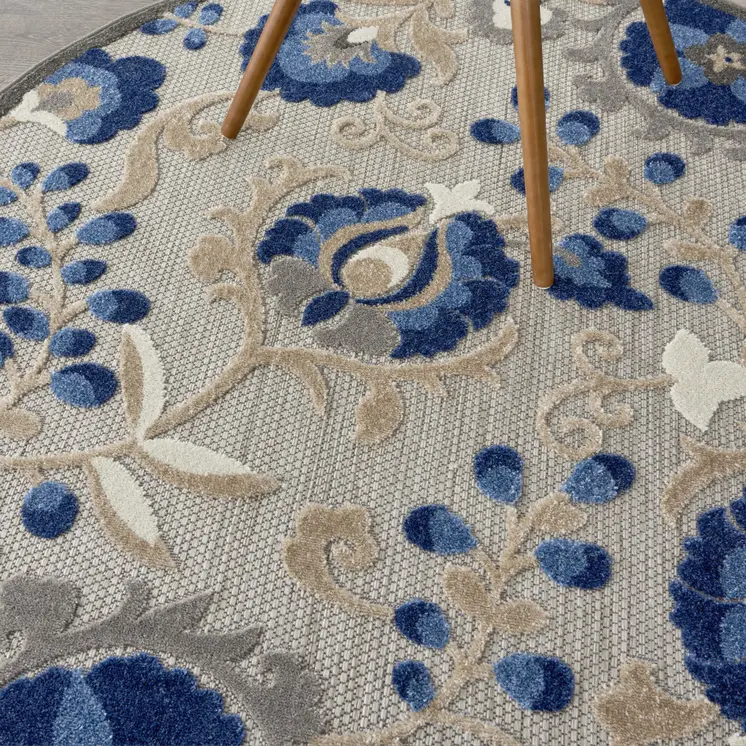4' Blue And Gray Round Indoor Outdoor Area Rug