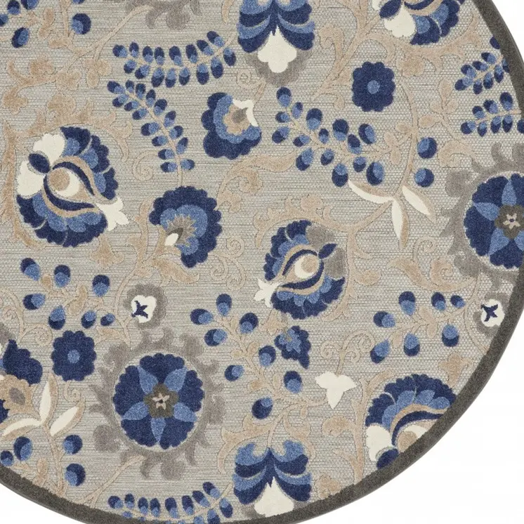 4' Blue And Gray Round Indoor Outdoor Area Rug