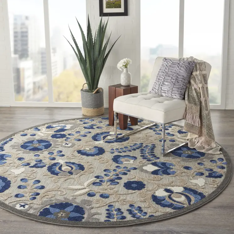 8' Blue And Gray Round Indoor Outdoor Area Rug