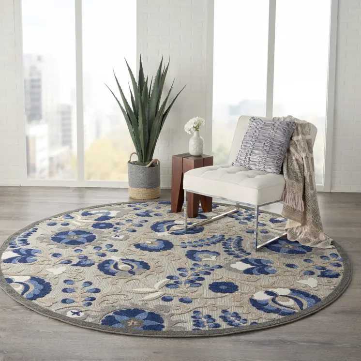 8' Blue And Gray Round Indoor Outdoor Area Rug