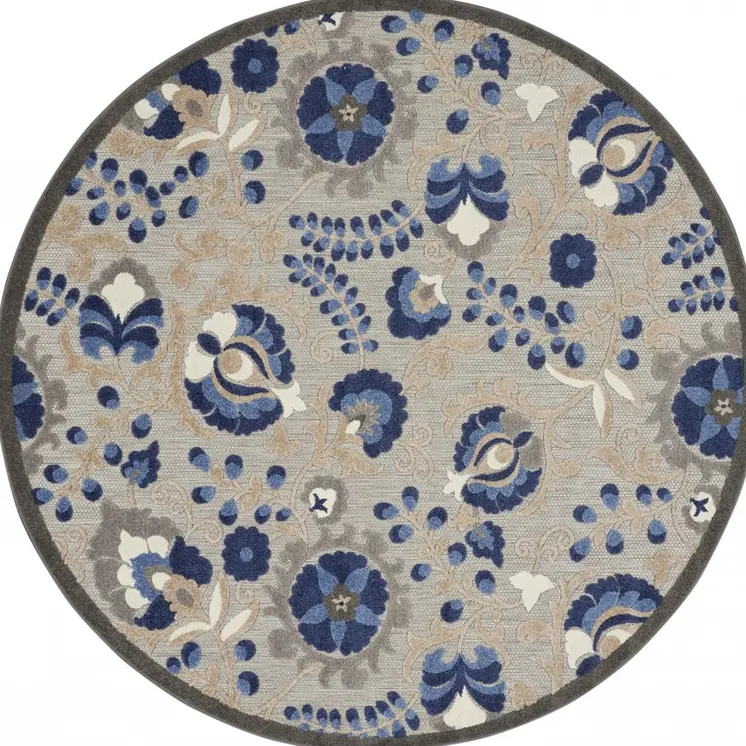 8' Blue And Gray Round Indoor Outdoor Area Rug