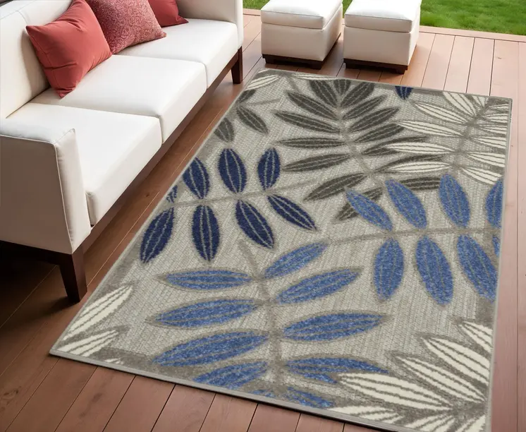 4' X 6' Blue And Gray Floral Indoor Outdoor Area Rug