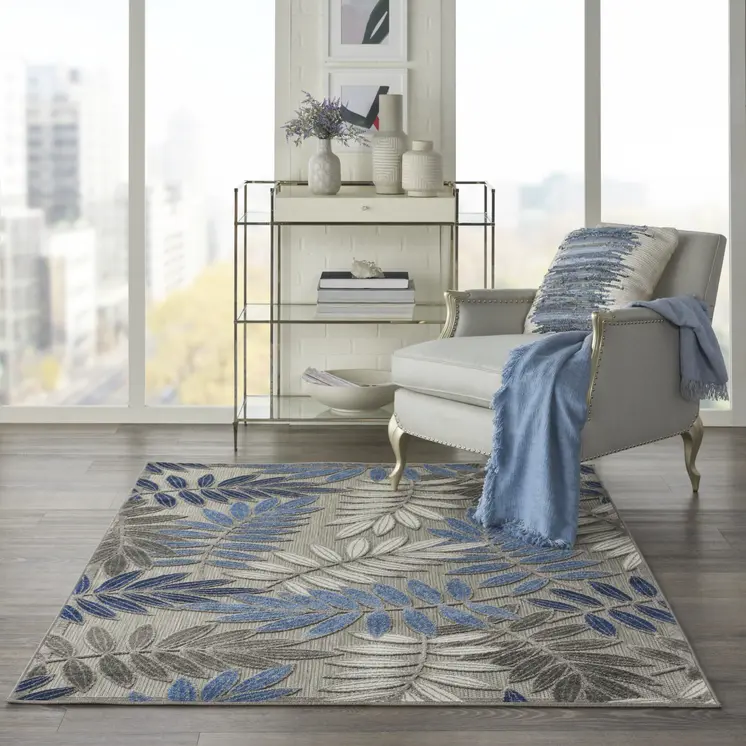 4' X 6' Blue And Gray Floral Indoor Outdoor Area Rug