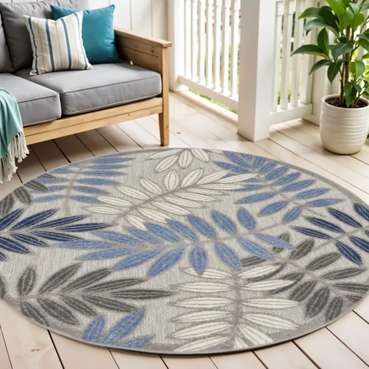 4' Blue And Gray Round Floral Indoor Outdoor Area Rug