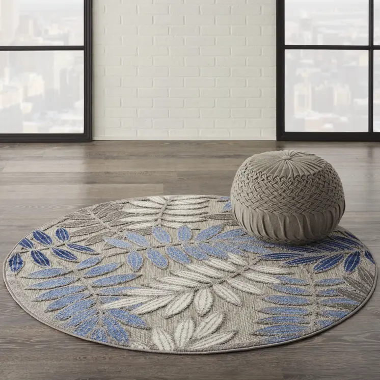 4' Blue And Gray Round Floral Indoor Outdoor Area Rug