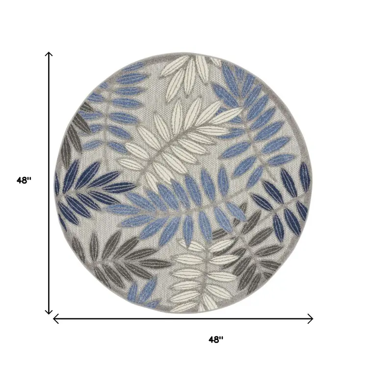 4' Blue And Gray Round Floral Indoor Outdoor Area Rug