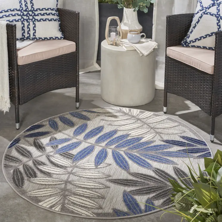 4' Blue And Gray Round Floral Indoor Outdoor Area Rug