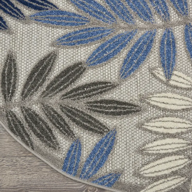 5' Blue And Gray Round Floral Indoor Outdoor Area Rug
