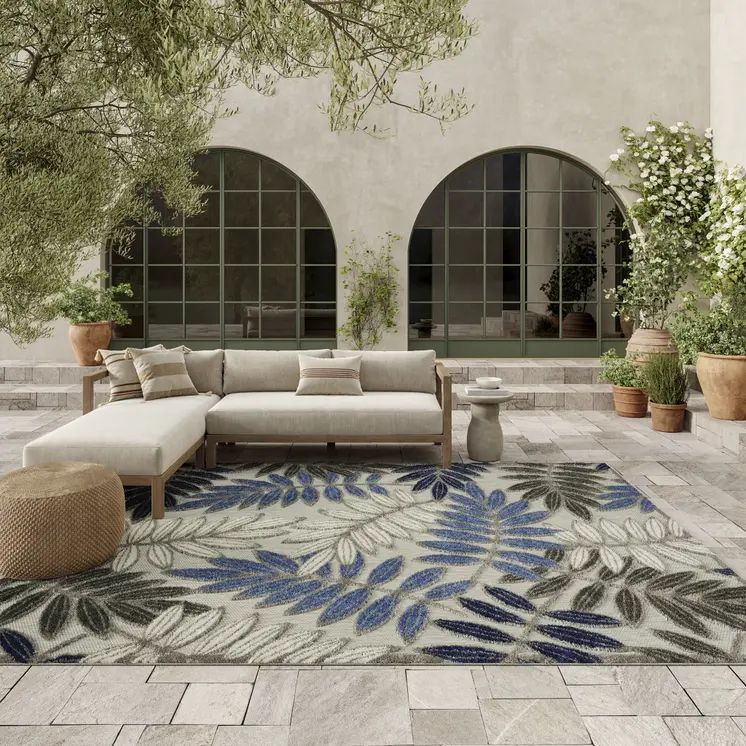 6' X 9' Blue And Gray Floral Indoor Outdoor Area Rug