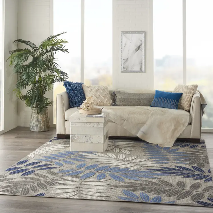 8' X 11' Blue And Gray Floral Indoor Outdoor Area Rug