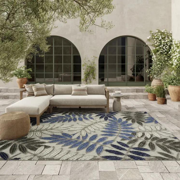 8' X 11' Blue And Gray Floral Indoor Outdoor Area Rug