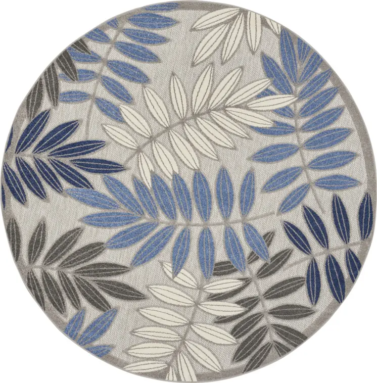 8' Blue And Gray Round Floral Indoor Outdoor Area Rug