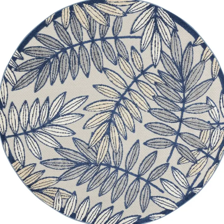 5' Ivory And Blue Round Floral Indoor Outdoor Area Rug