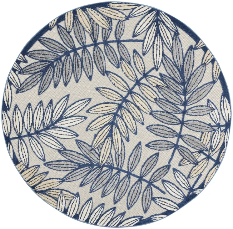 5' Ivory And Blue Round Floral Indoor Outdoor Area Rug