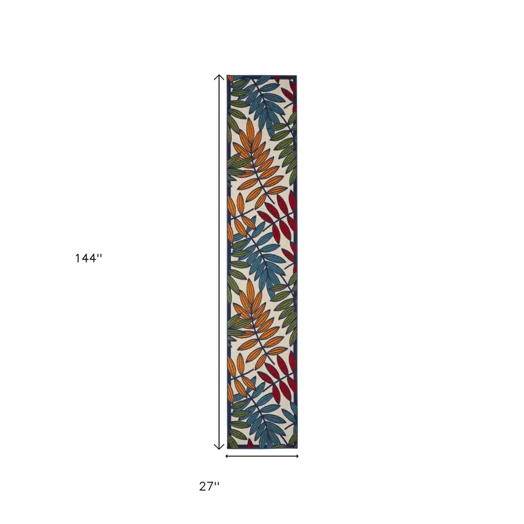 12' Ivory And Blue Floral Indoor Outdoor Runner Rug