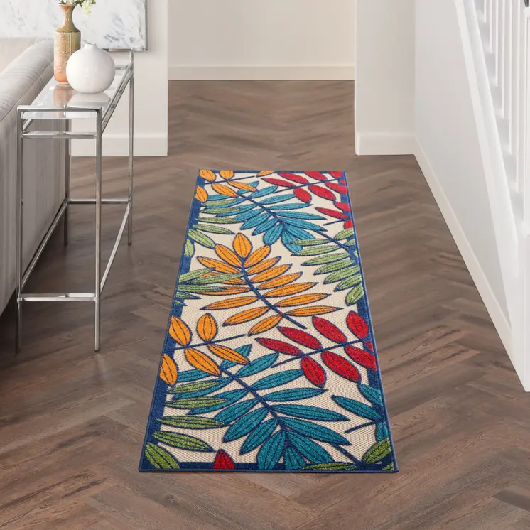 8' Ivory And Blue Floral Indoor Outdoor Area Rug