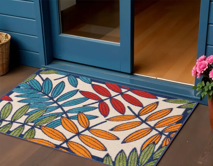 3' X 4' Ivory And Blue Floral Indoor Outdoor Area Rug