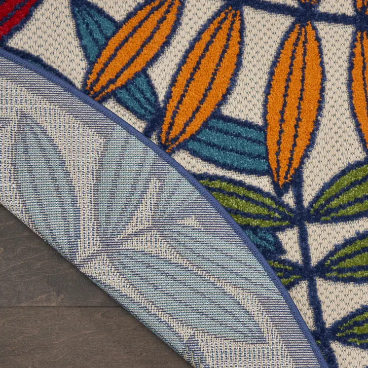 4' Ivory And Blue Round Floral Indoor Outdoor Area Rug