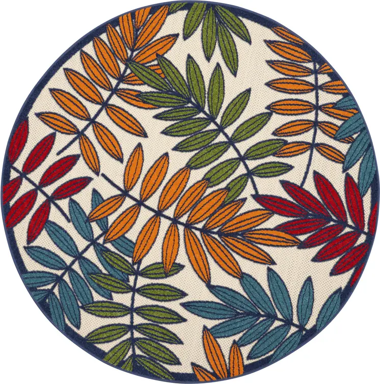 4' Ivory And Blue Round Floral Indoor Outdoor Area Rug