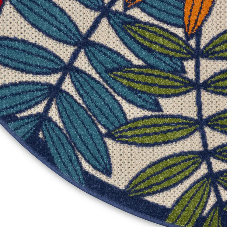 4' Ivory And Blue Round Floral Indoor Outdoor Area Rug