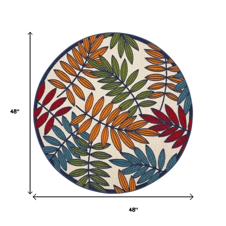4' Ivory And Blue Round Floral Indoor Outdoor Area Rug
