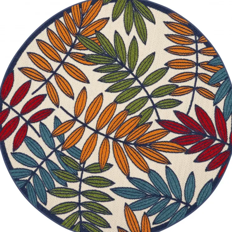 5' Ivory And Blue Round Floral Indoor Outdoor Area Rug