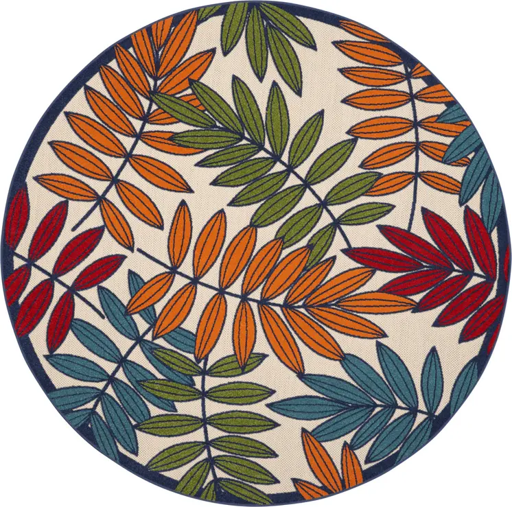 8' Ivory And Blue Round Floral Indoor Outdoor Area Rug