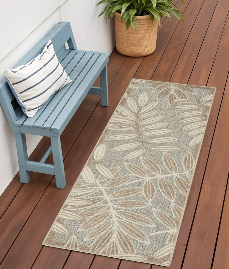 6' Gray And Ivory Floral Indoor Outdoor Runner Rug