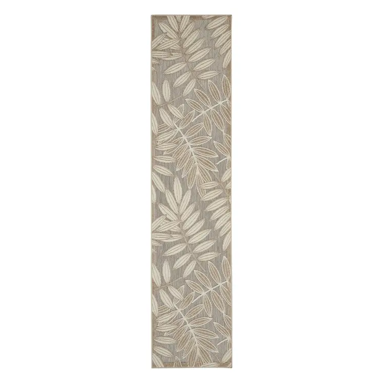 10' Beige Gray And Ivory Botanical Leaves Indoor Outdoor Runner Rug