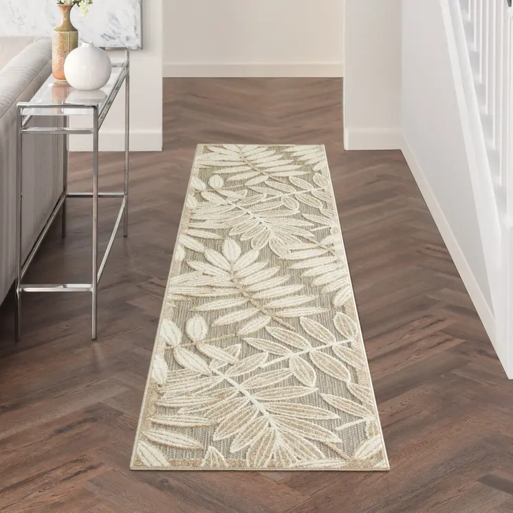 10' Beige Gray And Ivory Botanical Leaves Indoor Outdoor Runner Rug