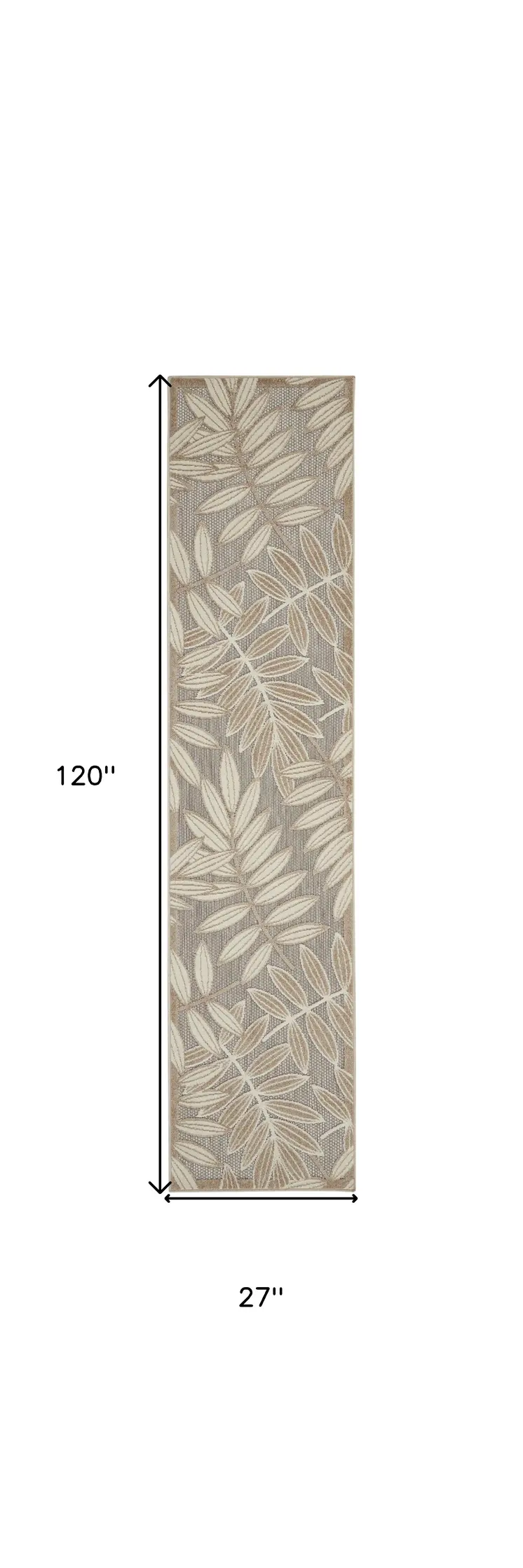 10' Beige Gray And Ivory Botanical Leaves Indoor Outdoor Runner Rug