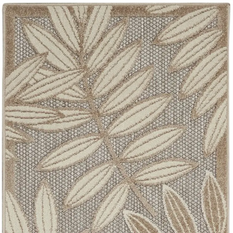 10' Beige Gray And Ivory Botanical Leaves Indoor Outdoor Runner Rug