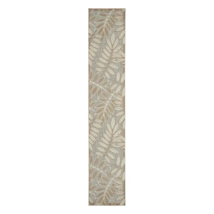 12' Gray And Ivory Floral Indoor Outdoor Runner Rug