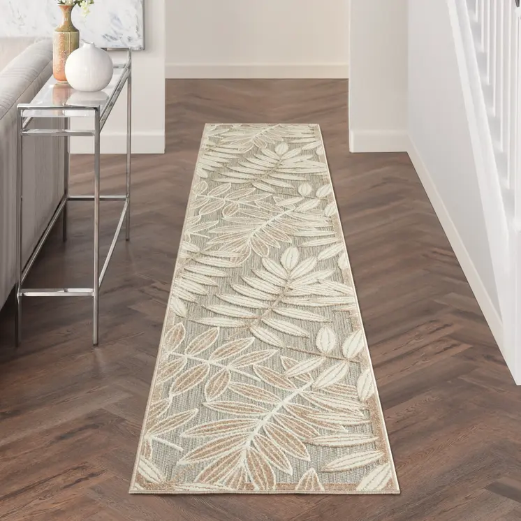 12' Gray And Ivory Floral Indoor Outdoor Runner Rug