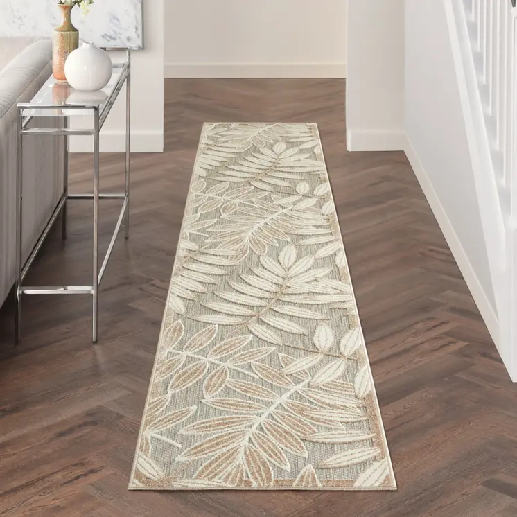12' Gray And Ivory Floral Indoor Outdoor Runner Rug
