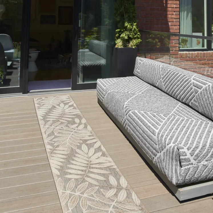 12' Gray And Ivory Floral Indoor Outdoor Runner Rug