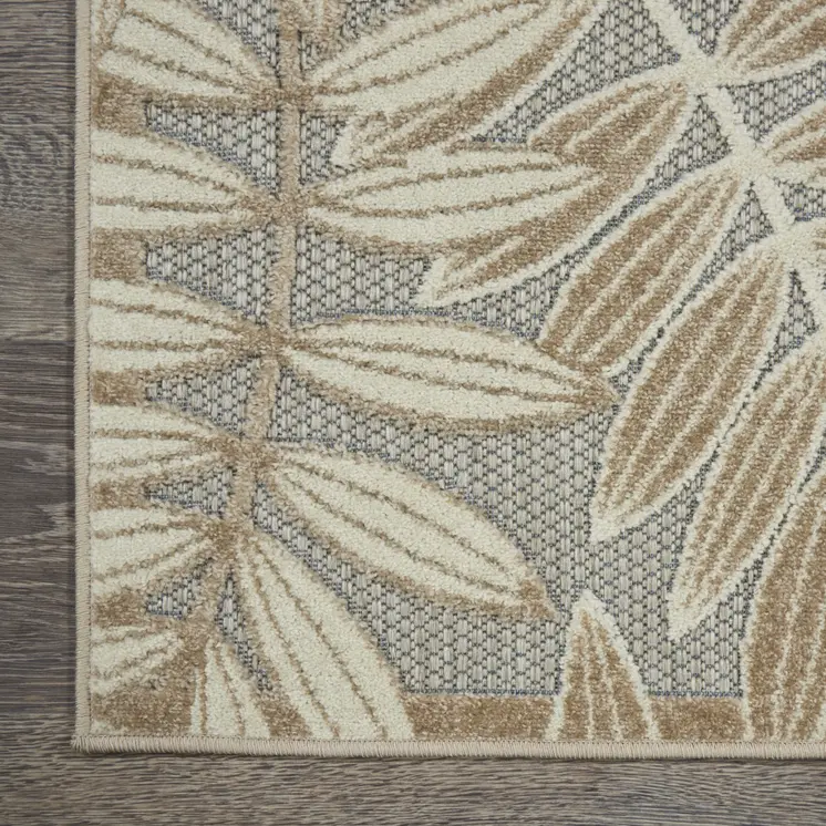 8' Beige Gray And Ivory Botanical Leaves Indoor Outdoor Runner Rug