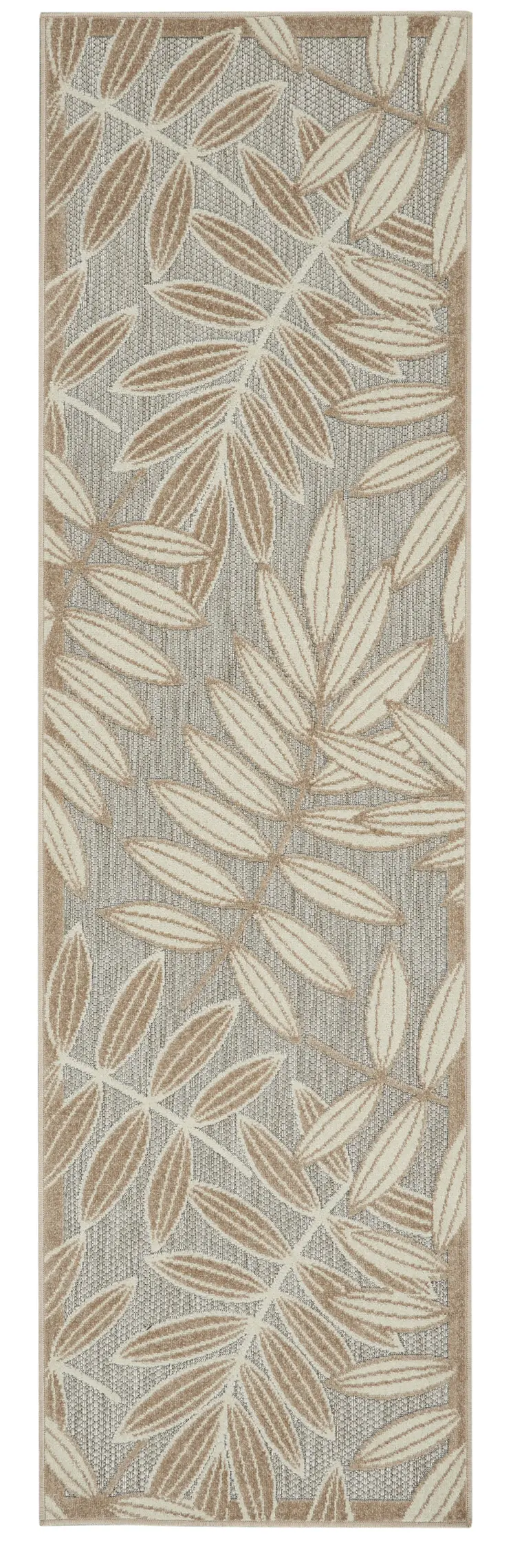 8' Beige Gray And Ivory Botanical Leaves Indoor Outdoor Runner Rug