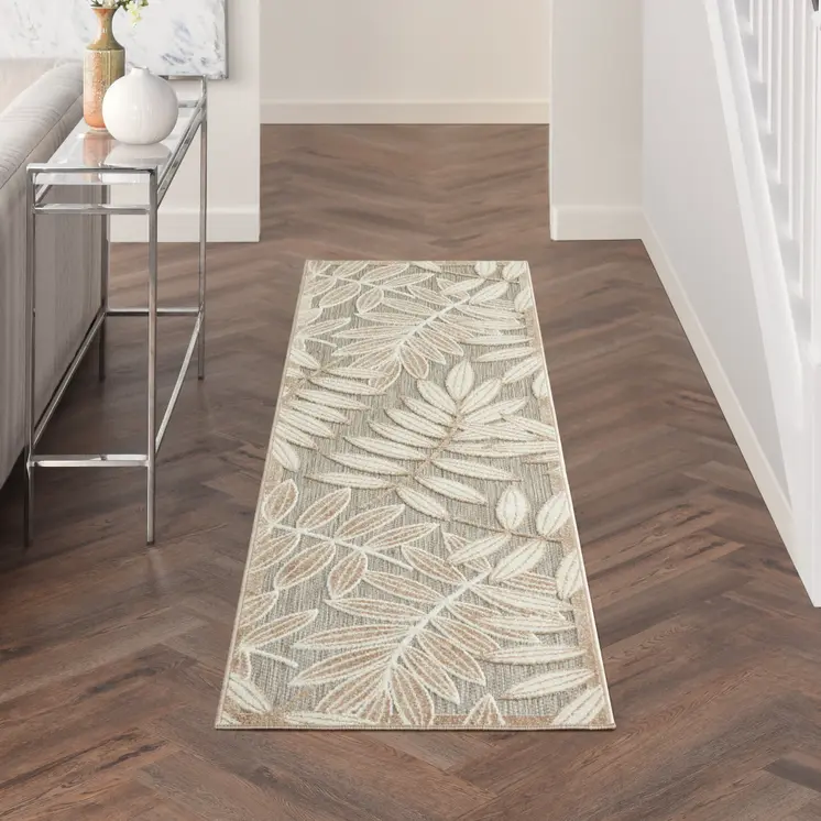 8' Beige Gray And Ivory Botanical Leaves Indoor Outdoor Runner Rug