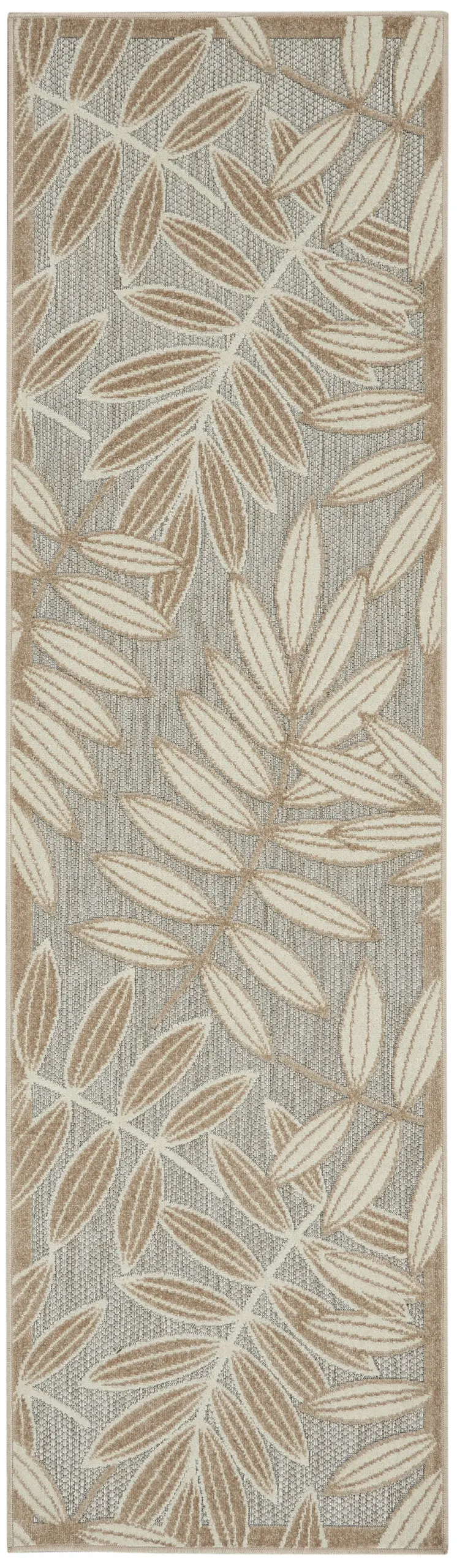 8' Beige Gray And Ivory Botanical Leaves Indoor Outdoor Runner Rug