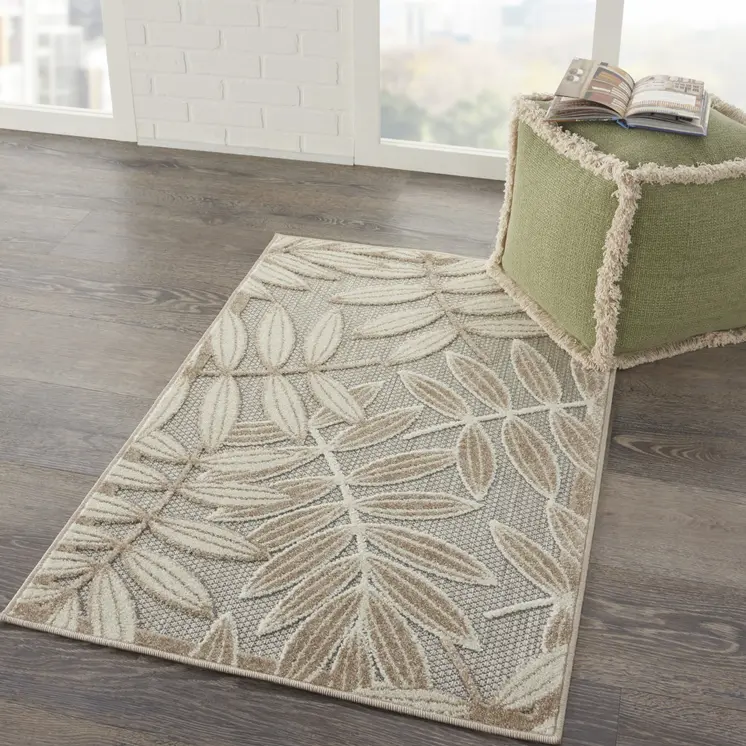 3' X 4' Beige Gray And Ivory Botanical Leaves Indoor Outdoor Area Rug