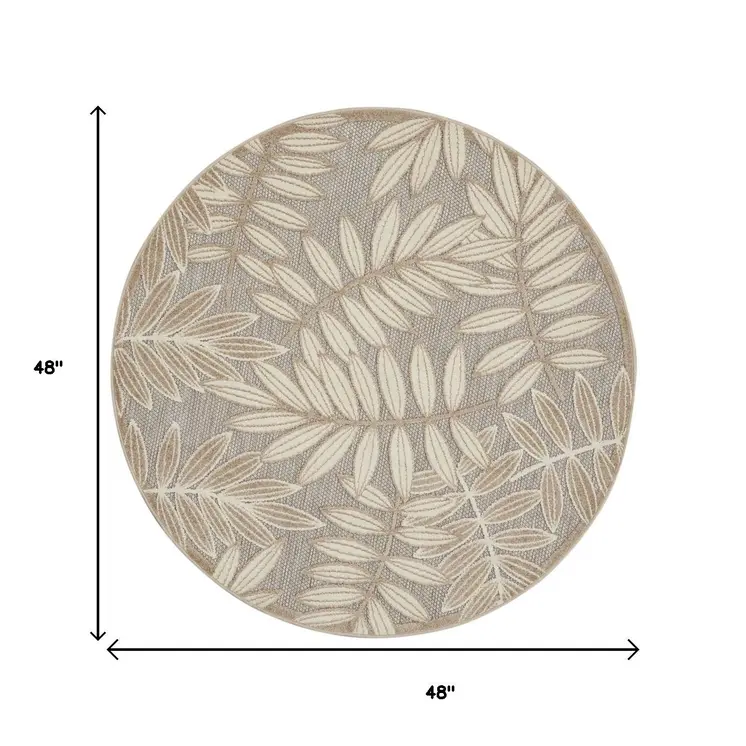 4' Gray And Ivory Round Floral Indoor Outdoor Area Rug