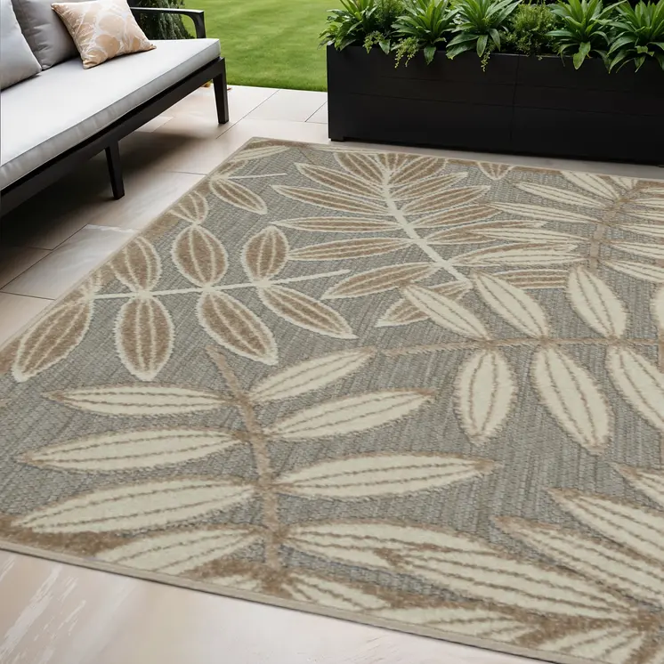 5' X 8' Beige Gray And Ivory Botanical Leaves Indoor Outdoor Area Rug