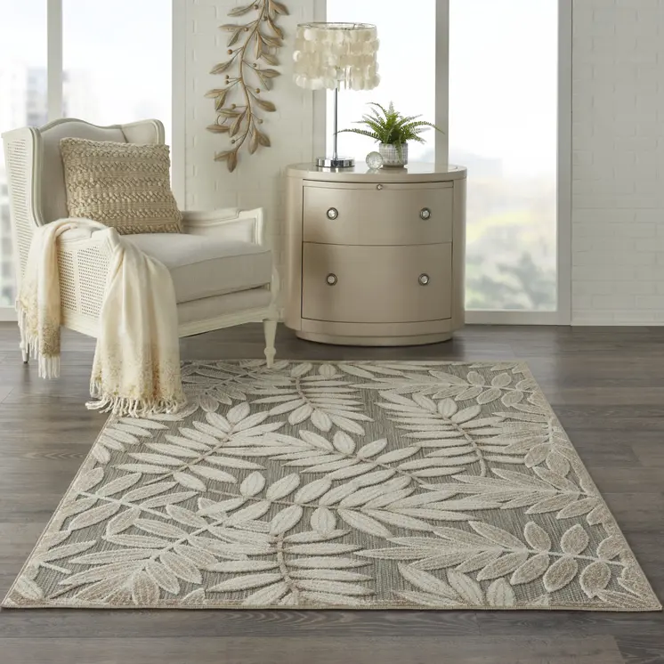 5' X 8' Beige Gray And Ivory Botanical Leaves Indoor Outdoor Area Rug