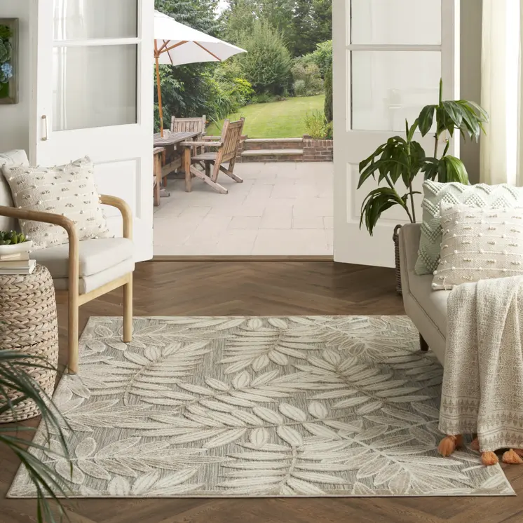 5' X 8' Beige Gray And Ivory Botanical Leaves Indoor Outdoor Area Rug