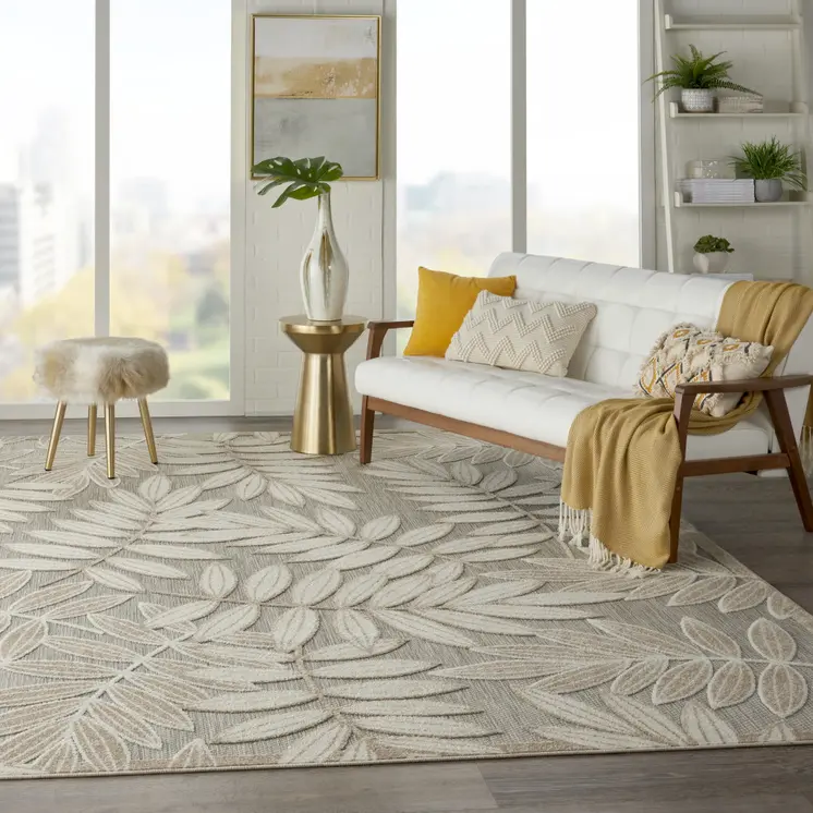 8' X 11' Beige Gray And Ivory Botanical Leaves Indoor Outdoor Area Rug