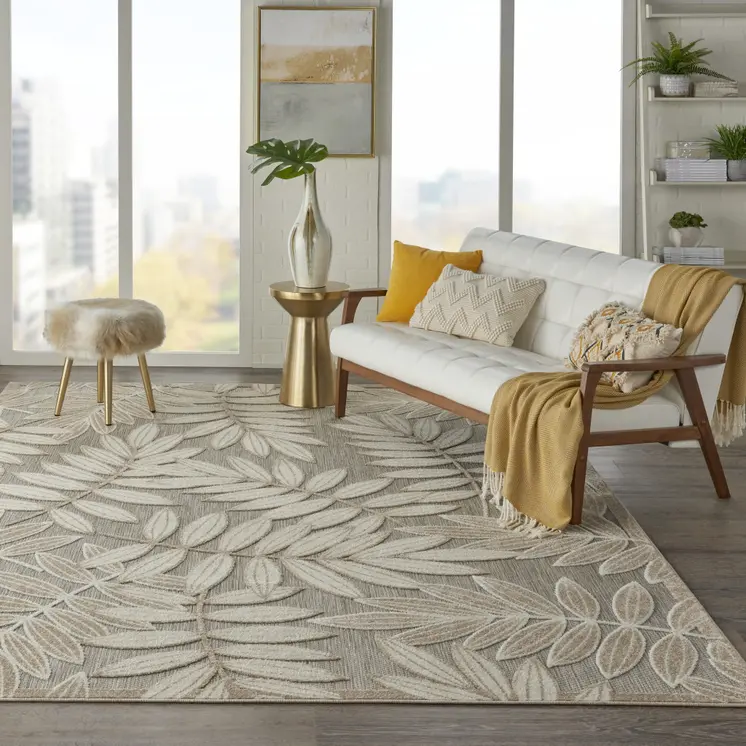 8' X 11' Beige Gray And Ivory Botanical Leaves Indoor Outdoor Area Rug