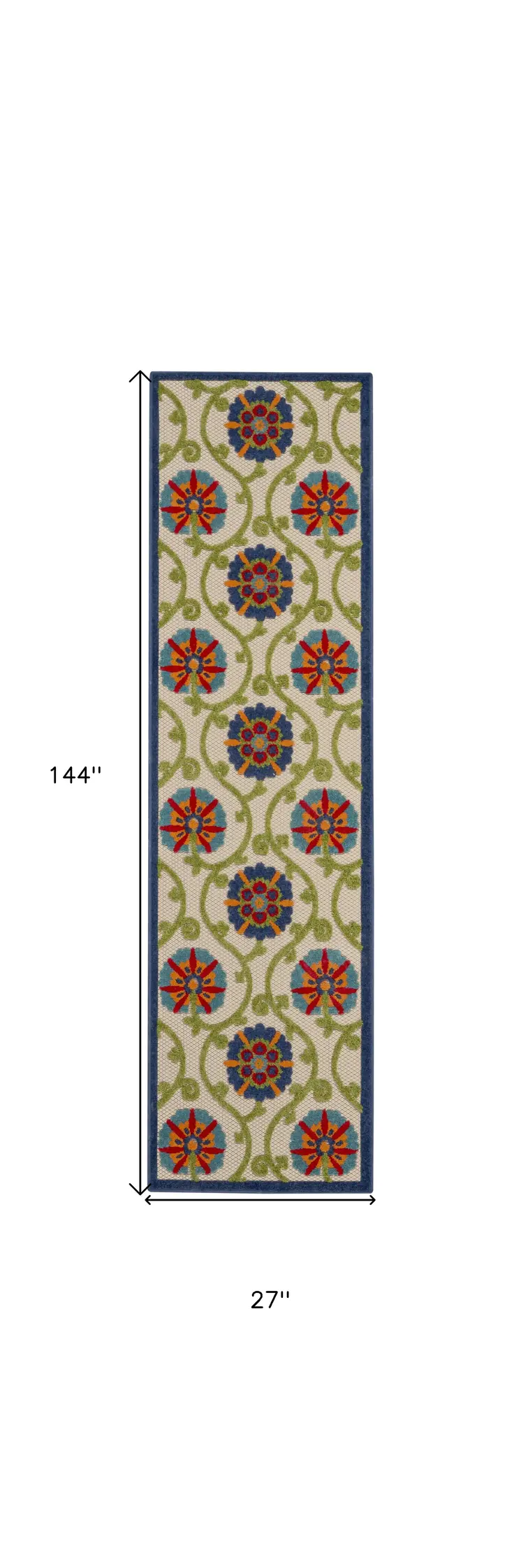 12' Ivory And Blue Indoor Outdoor Runner Rug