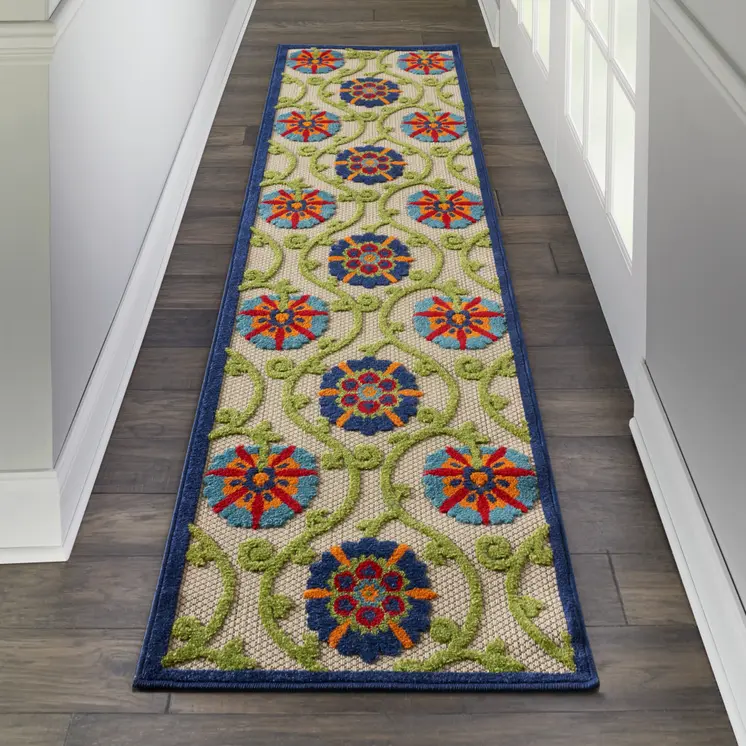 8' Ivory And Blue Indoor Outdoor Area Rug