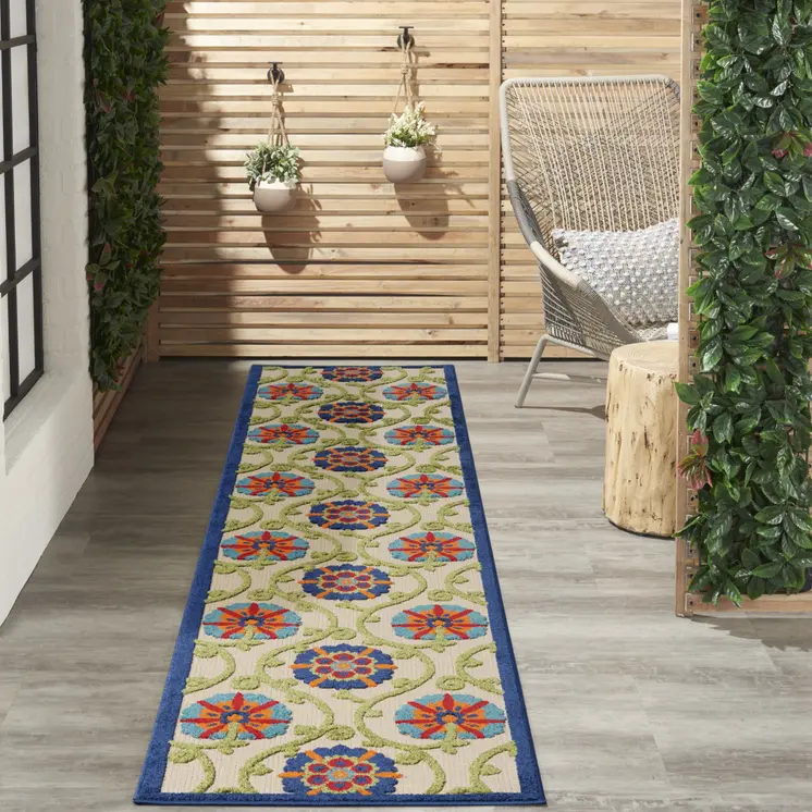 10' Ivory And Blue Indoor Outdoor Area Rug